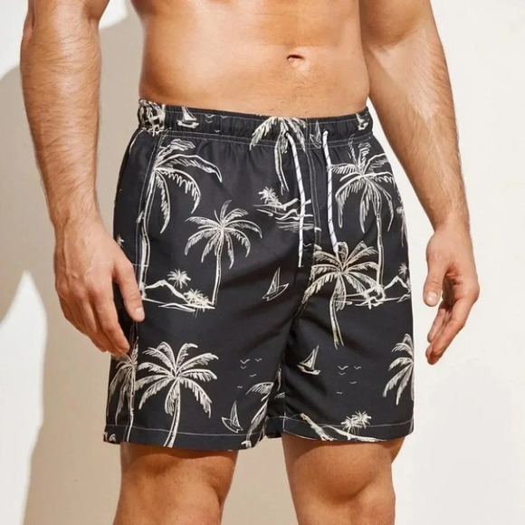 undefined Other - Black Vacation Style Men's Coconut Tree Print Swim Trunks